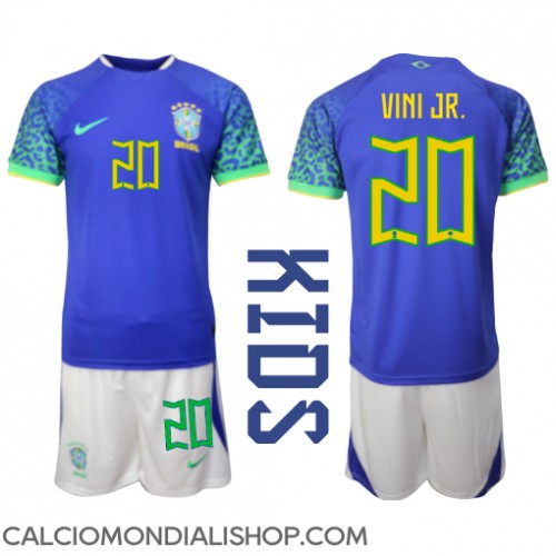 Maglie da calcio Brasile Vinicius Junior #20 Seconda Maglia Bambino Mondiali 2022 Manica Corta (+ Pantaloni corti)
